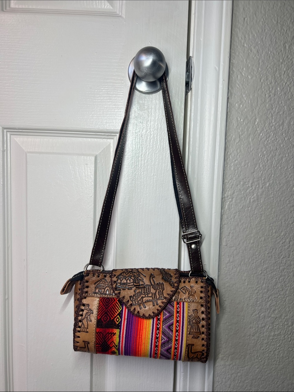 Handcrafted Brown Leather Crossbody Bag with Multicolor Woven Panel